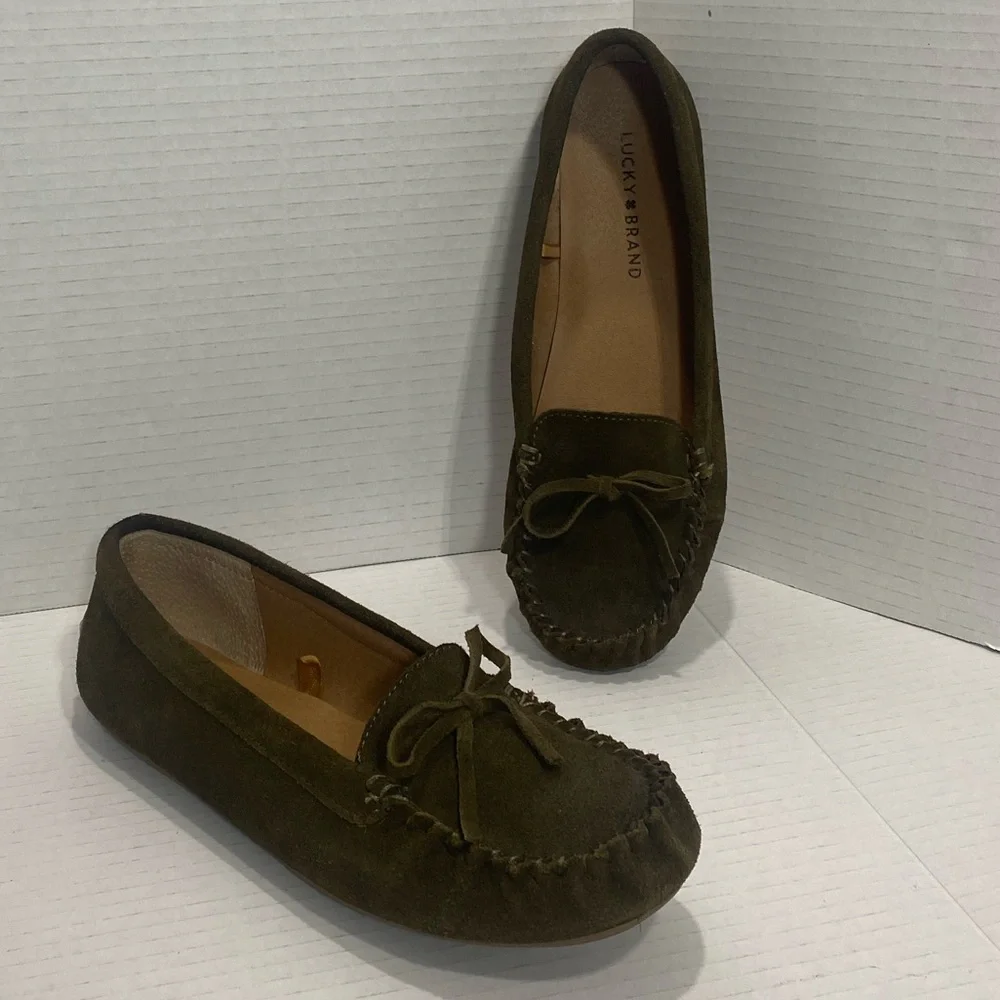 Lucky Brand Awra Olive Green Suede Leather Moccasin Flats Shoes Size 8